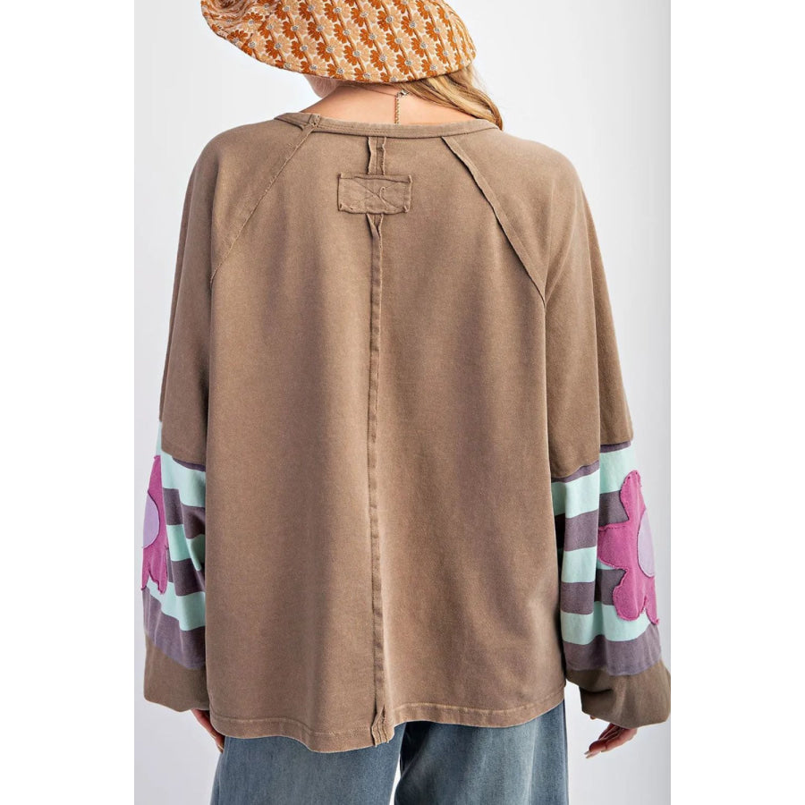 Flower Patch Round Neck Balloon Sleeve Top Camel / S Apparel and Accessories