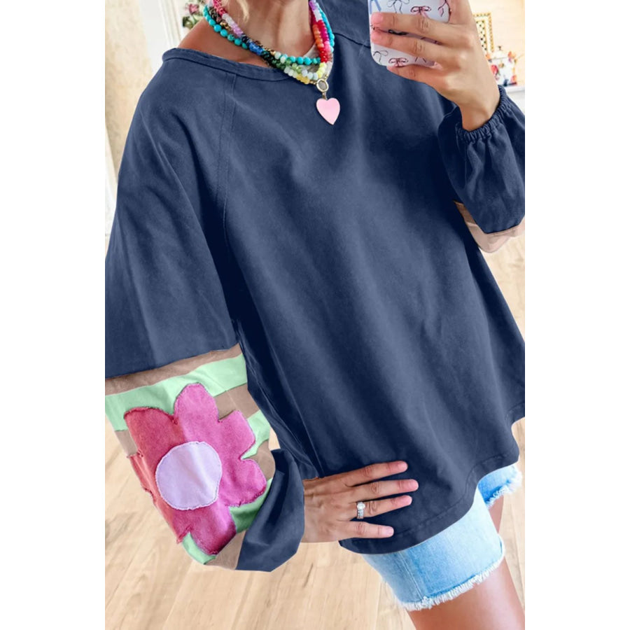 Flower Patch Round Neck Balloon Sleeve Top Peacock Blue / S Apparel and Accessories