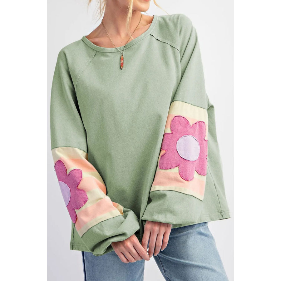 Flower Patch Round Neck Balloon Sleeve Top Sage / S Apparel and Accessories