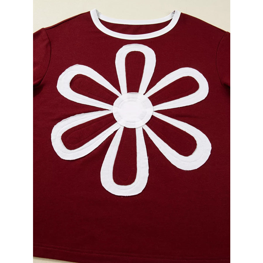 Flower Patched Round Neck Long Sleeve Top Apparel and Accessories