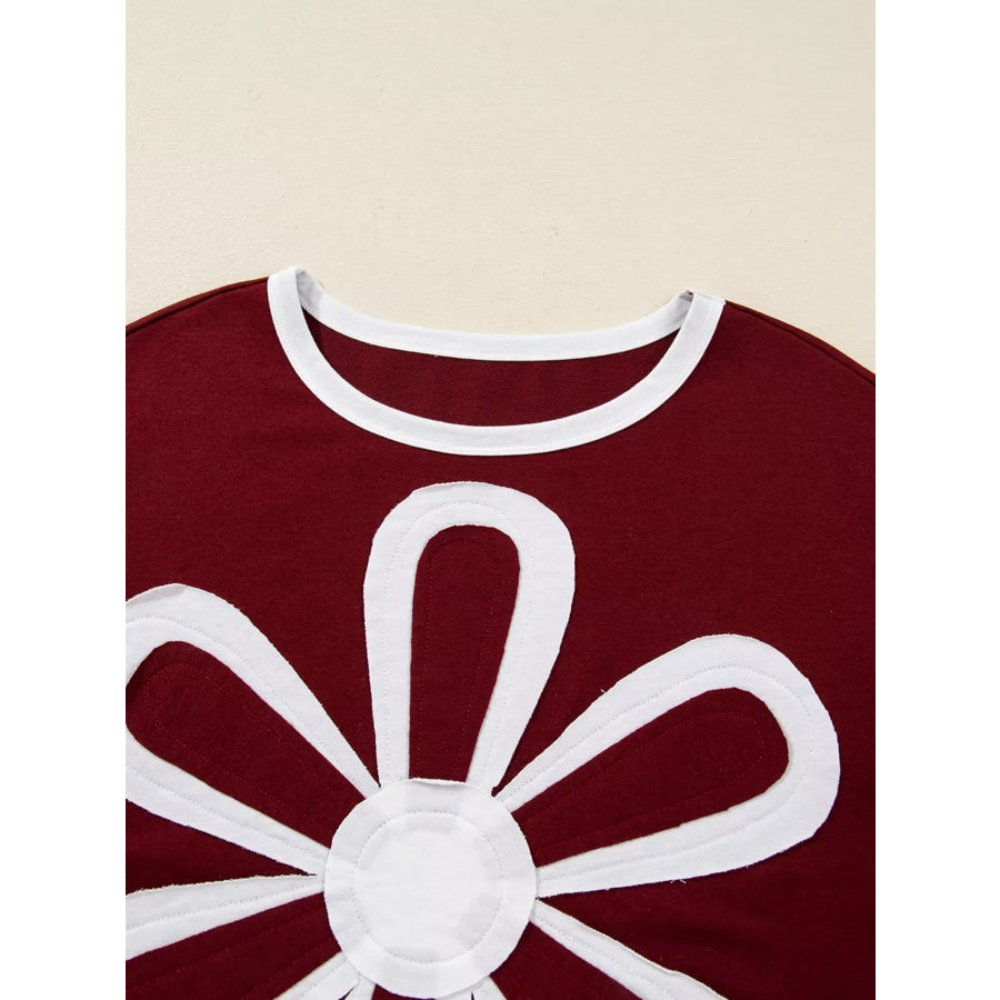 Flower Patched Round Neck Long Sleeve Top Apparel and Accessories