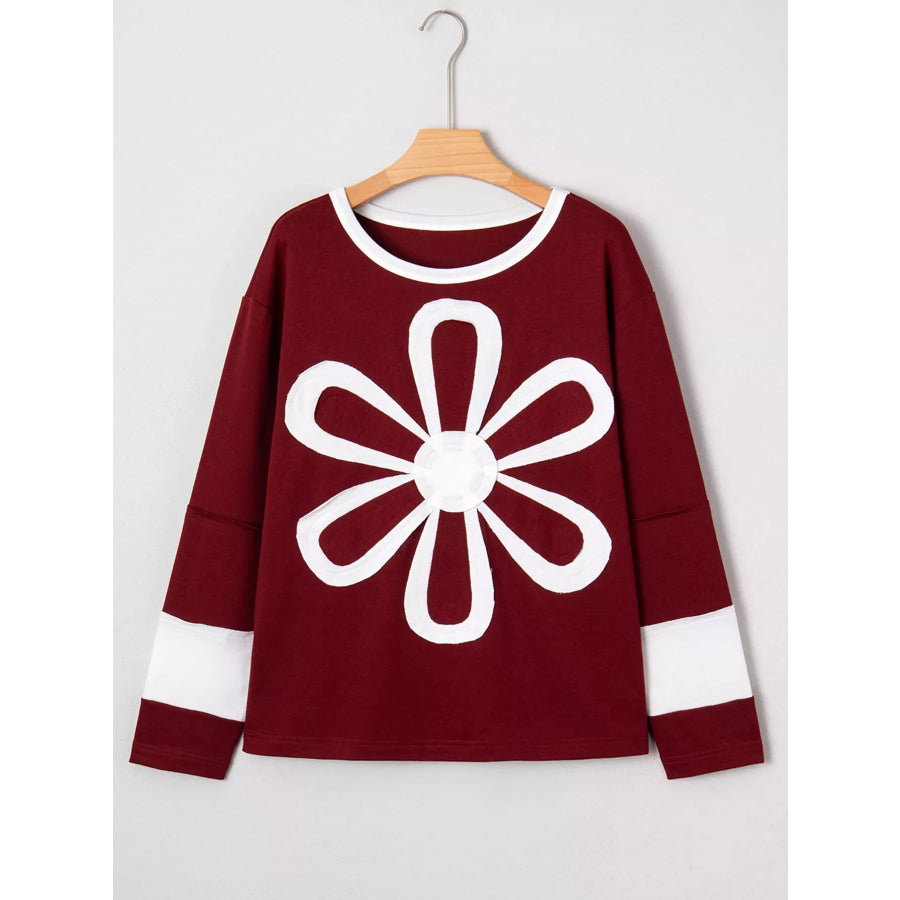 Flower Patched Round Neck Long Sleeve Top Apparel and Accessories