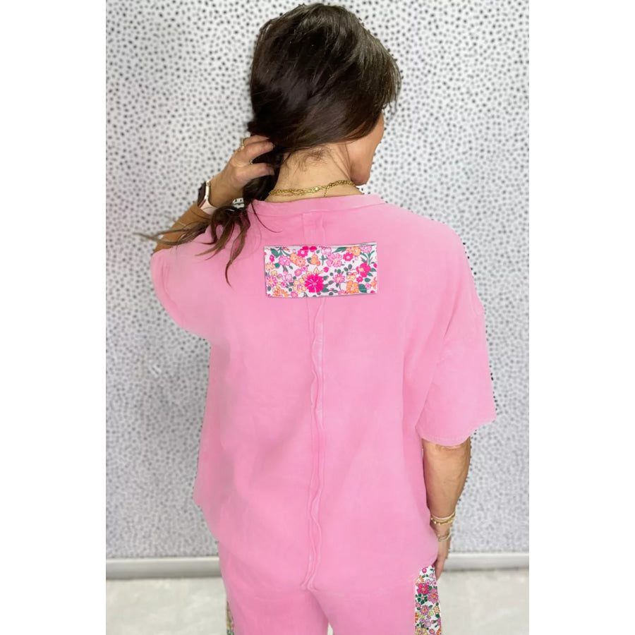 Flower Patched Round Neck Tunic T-Shirt Apparel and Accessories