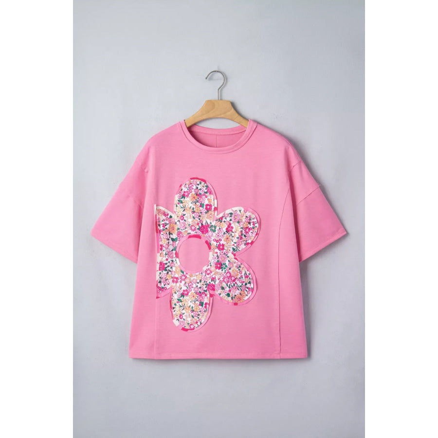 Flower Patched Round Neck Tunic T-Shirt Apparel and Accessories