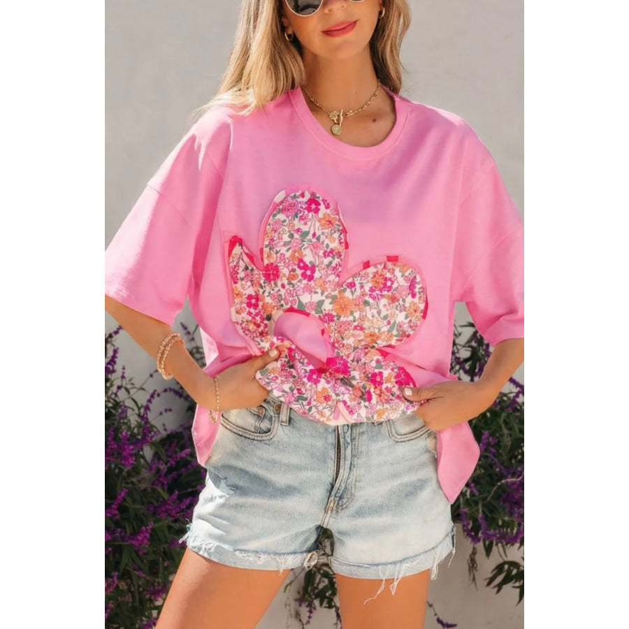 Flower Patched Round Neck Tunic T-Shirt Apparel and Accessories