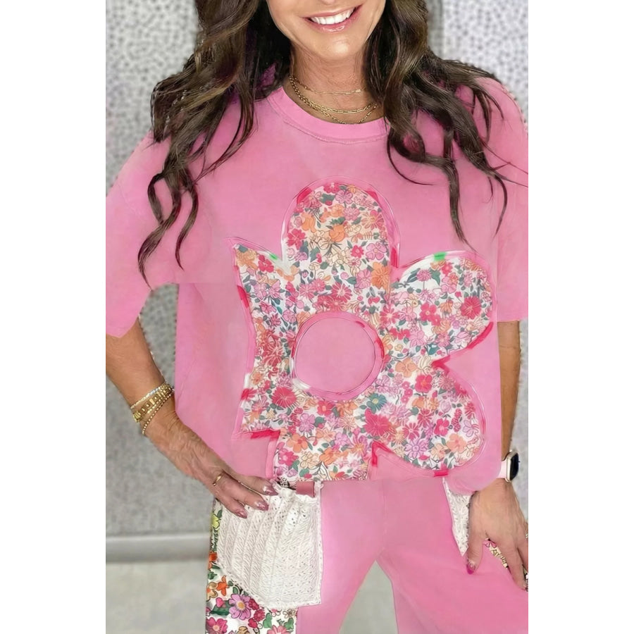 Flower Patched Round Neck Tunic T-Shirt Apparel and Accessories