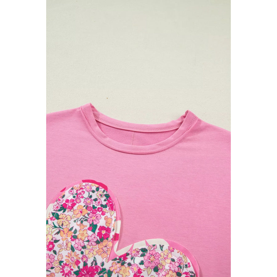 Flower Patched Round Neck Tunic T-Shirt Apparel and Accessories