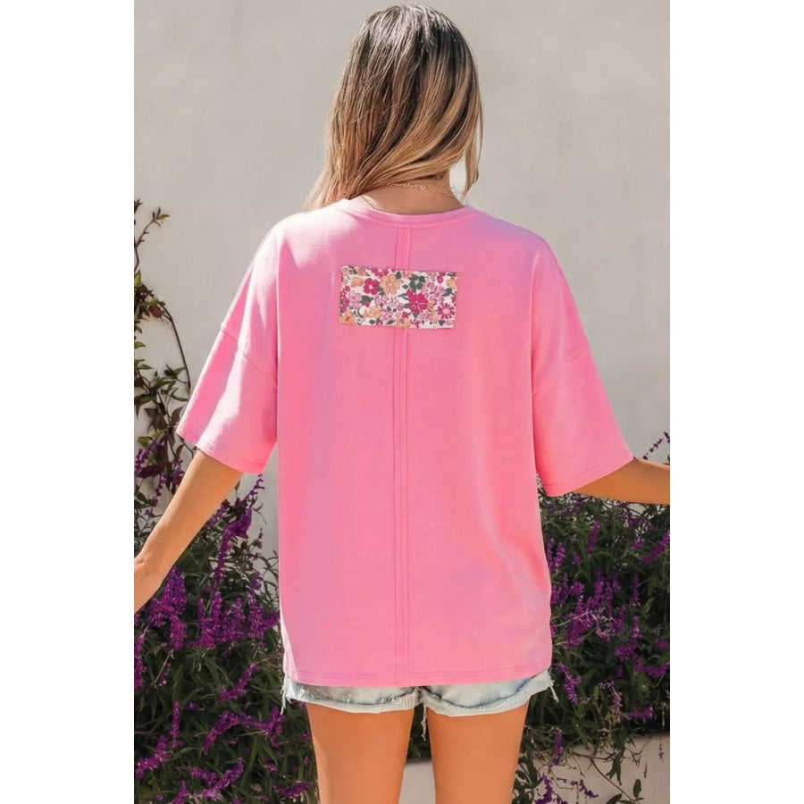 Flower Patched Round Neck Tunic T-Shirt Apparel and Accessories