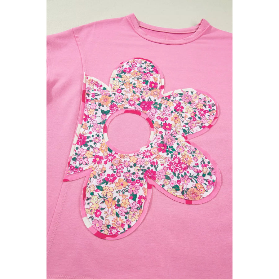 Flower Patched Round Neck Tunic T-Shirt Apparel and Accessories