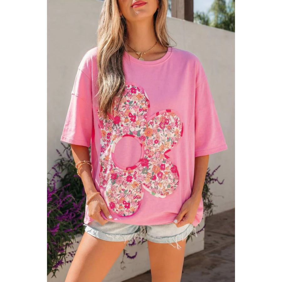 Flower Patched Round Neck Tunic T-Shirt Dusty Pink / S Apparel and Accessories