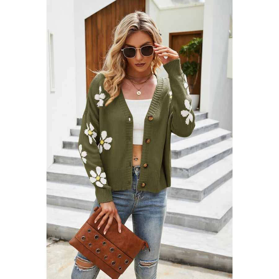 Flower Pattern Button Front Cardigan Moss / S