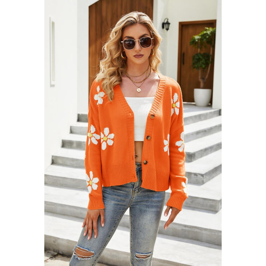 Flower Pattern Button Front Cardigan Pumpkin / S