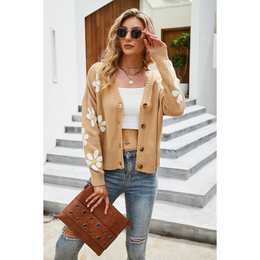 Flower Pattern Button Front Cardigan Tan / S