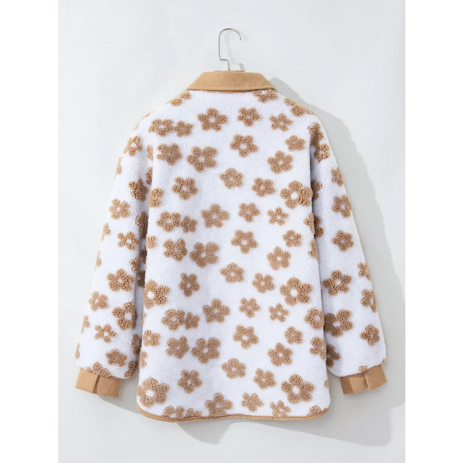 Flower Pattern Button Up Fleece Jacket Apparel and Accessories