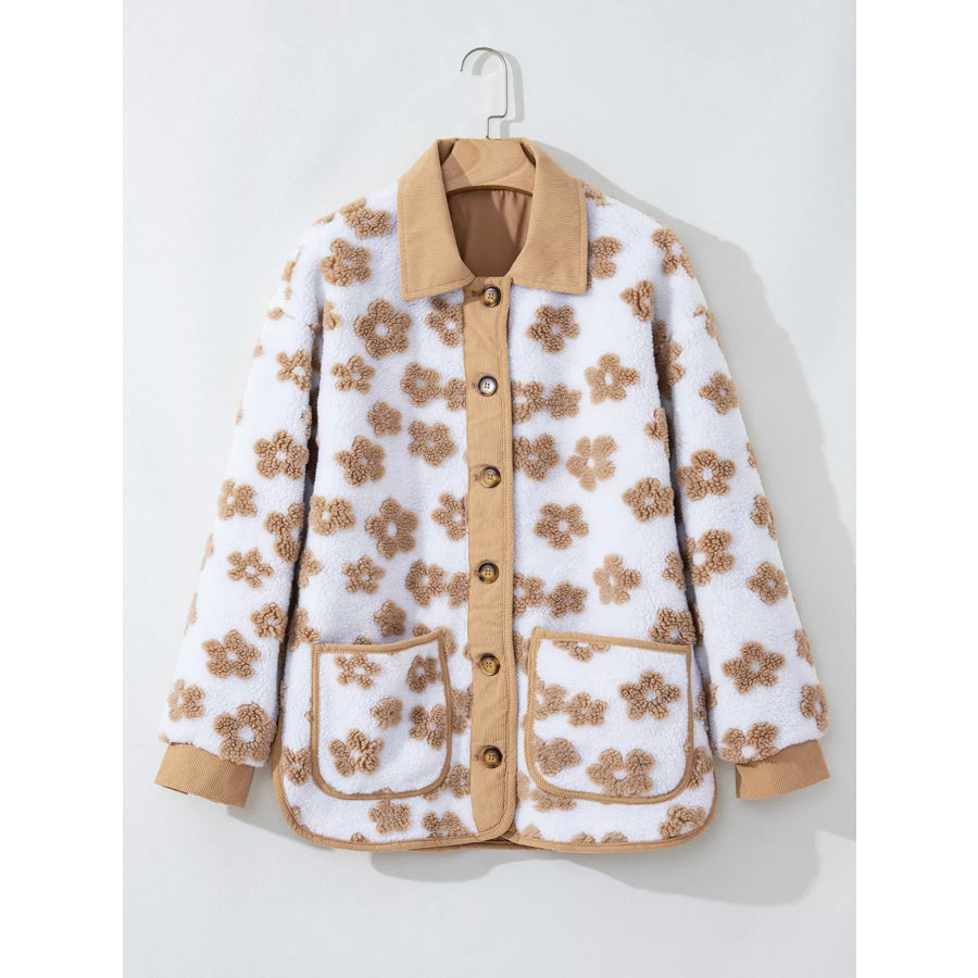 Flower Pattern Button Up Fleece Jacket Apparel and Accessories