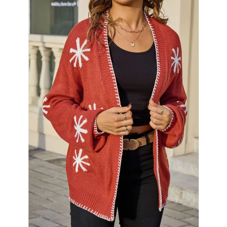 Flower Pattern Open Front Knit Cardigan Orange / S Apparel and Accessories