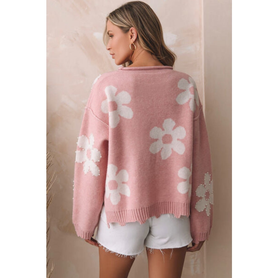 Flower Pattern Pearl Detail Rolled Slit Sweater Clothing