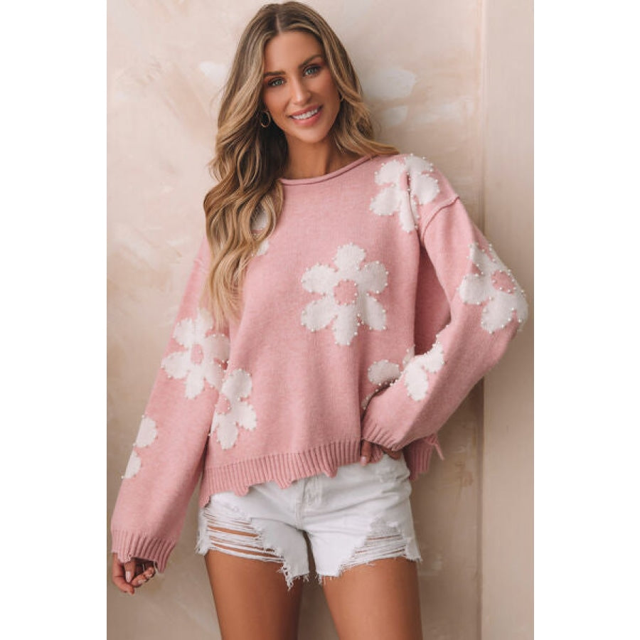 Flower Pattern Pearl Detail Rolled Slit Sweater Dusty Pink / M Clothing