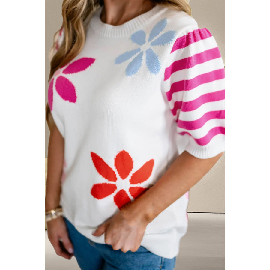 Flower Pattern Round Neck Half Sleeve Knit Top White / S Apparel and Accessories