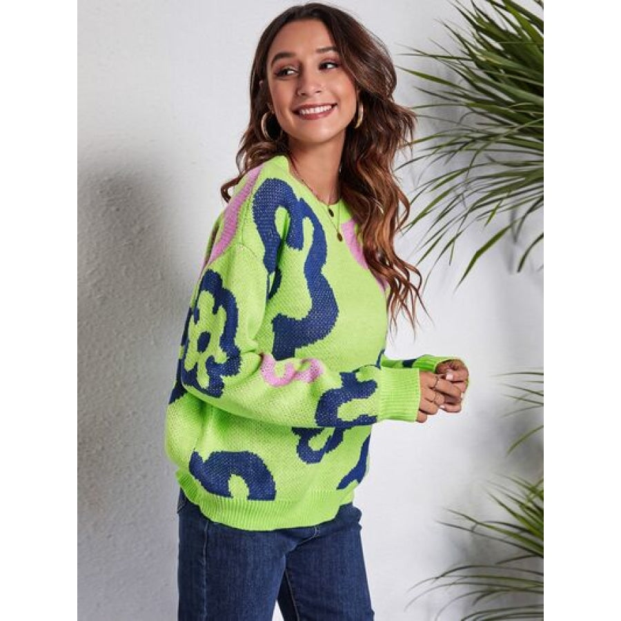 Flower Pattern Round Neck Long Sleeve Sweater Clothing