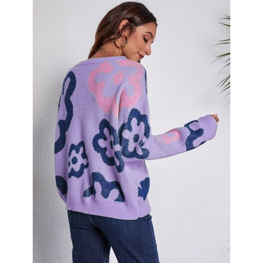 Flower Pattern Round Neck Long Sleeve Sweater Clothing