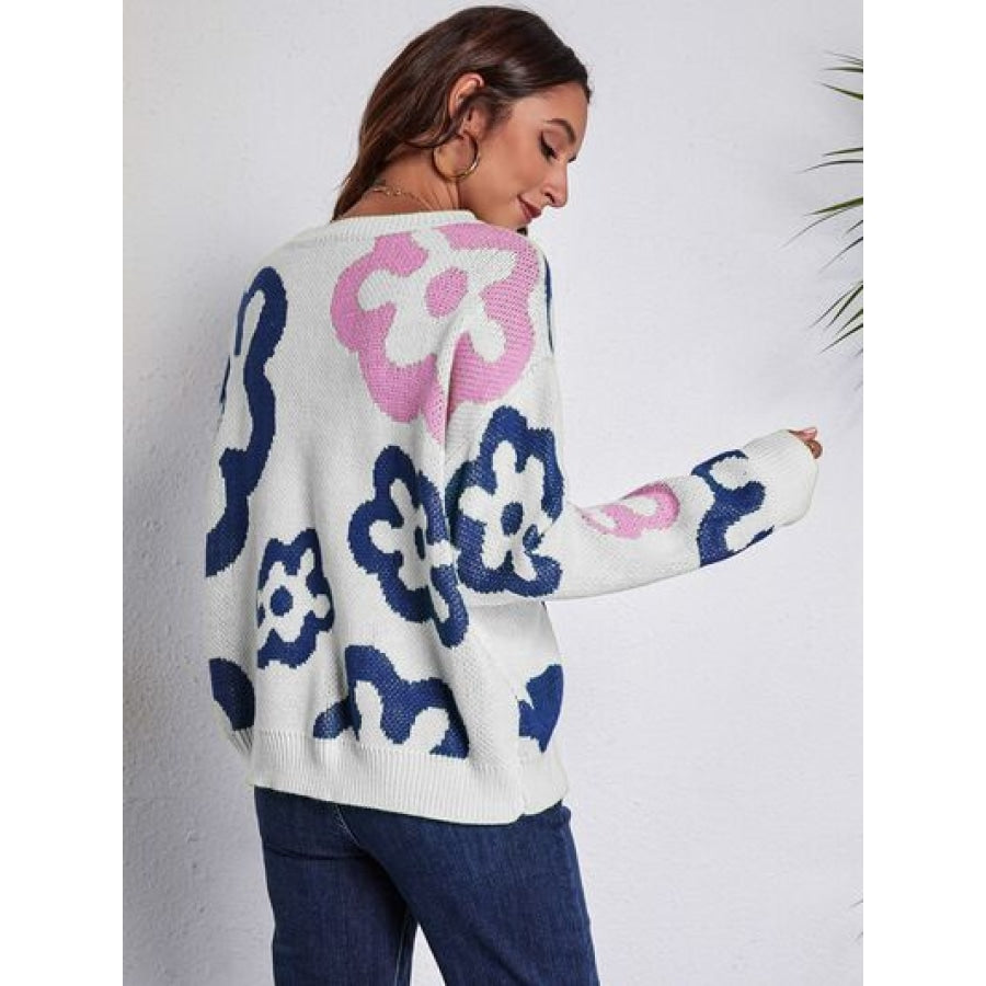 Flower Pattern Round Neck Long Sleeve Sweater Clothing