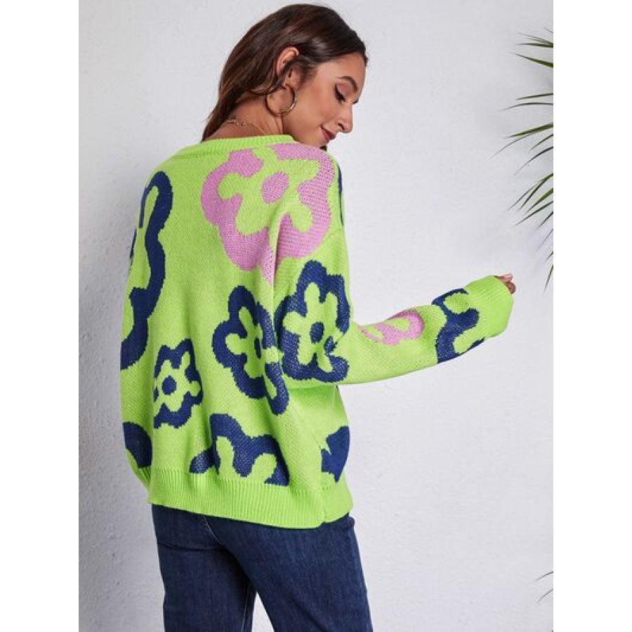 Flower Pattern Round Neck Long Sleeve Sweater Light Green / S Clothing
