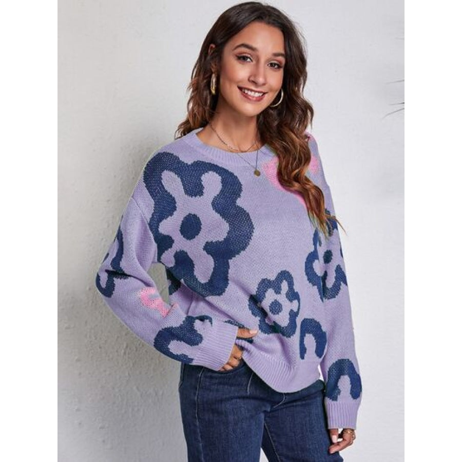 Flower Pattern Round Neck Long Sleeve Sweater Lavender / S Clothing