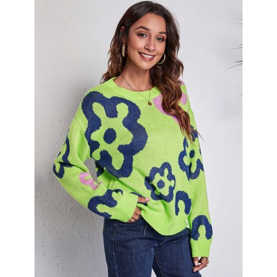 Flower Pattern Round Neck Long Sleeve Sweater Light Green / S Clothing