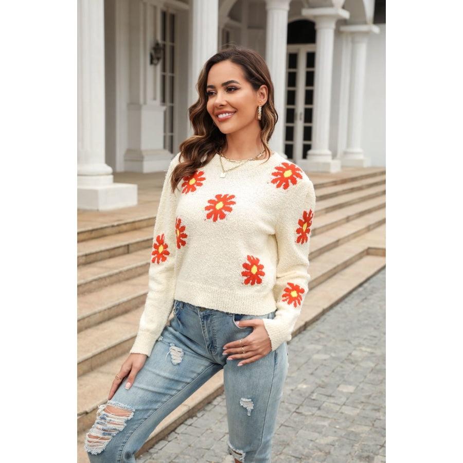 Flower Pattern Round Neck Short Sleeve Pullover Sweater Ivory / S