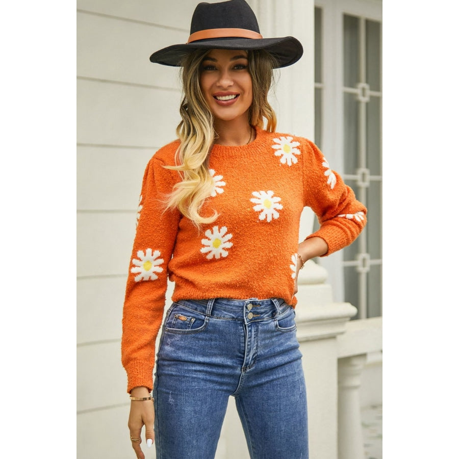 Flower Pattern Round Neck Short Sleeve Pullover Sweater Orange / S