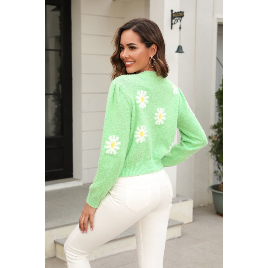 Flower Pattern Round Neck Short Sleeve Pullover Sweater