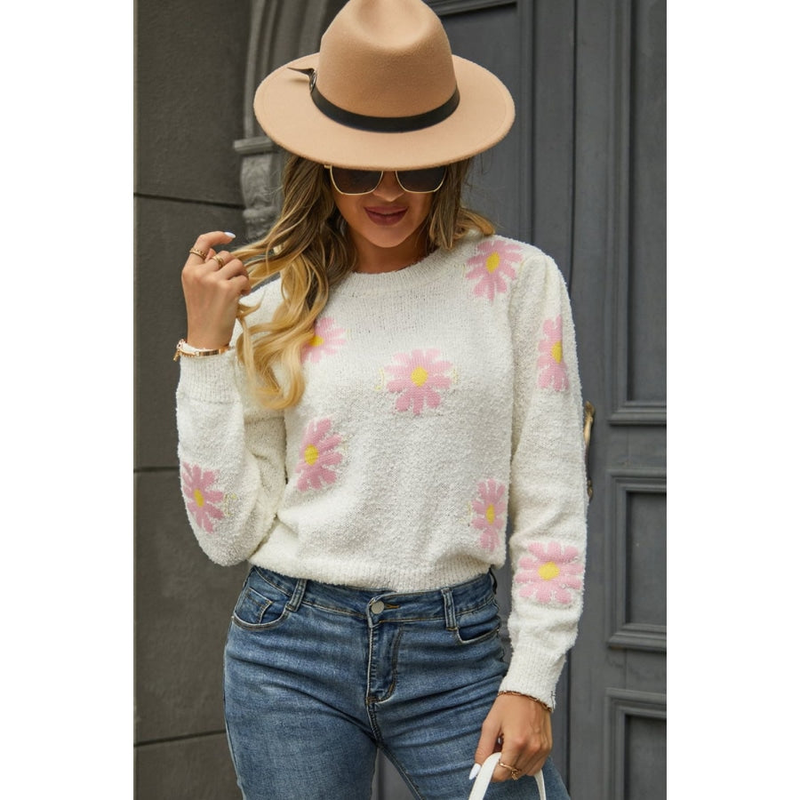 Flower Pattern Round Neck Short Sleeve Pullover Sweater