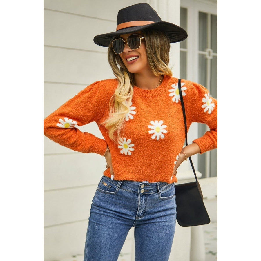 Flower Pattern Round Neck Short Sleeve Pullover Sweater