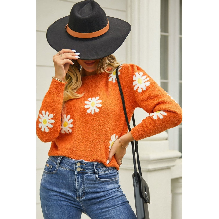 Flower Pattern Round Neck Short Sleeve Pullover Sweater