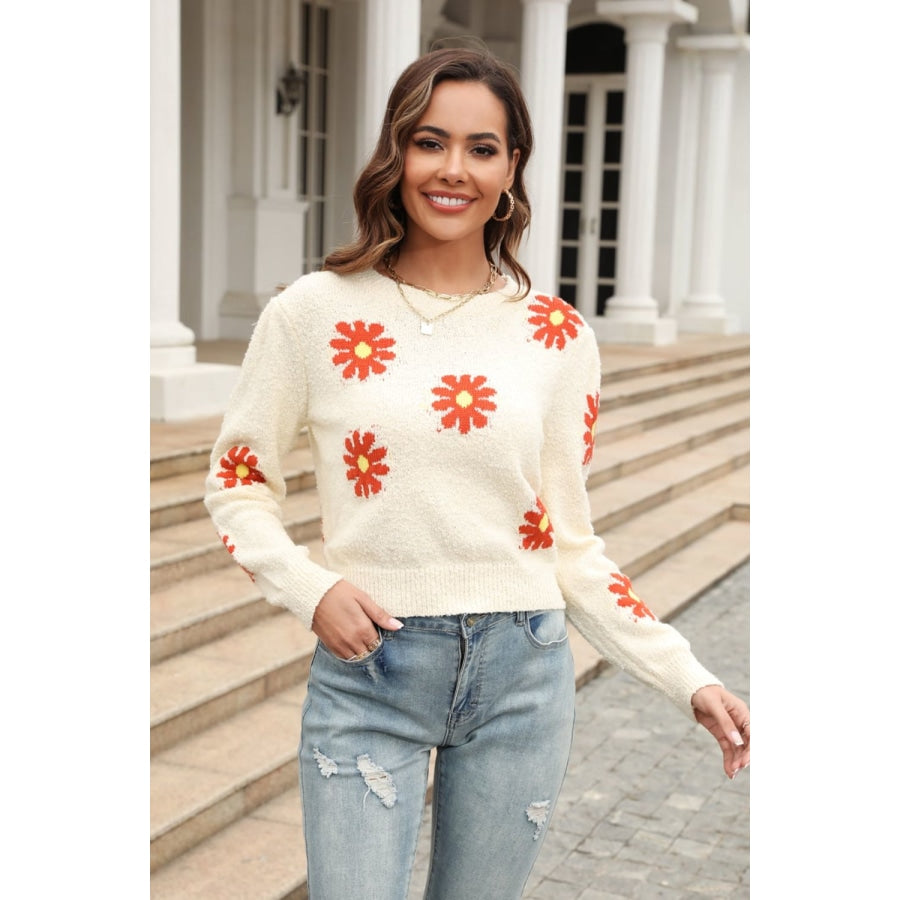 Flower Pattern Round Neck Short Sleeve Pullover Sweater