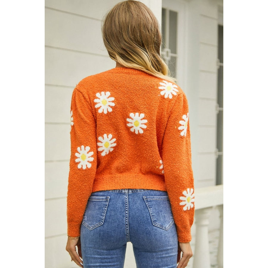 Flower Pattern Round Neck Short Sleeve Pullover Sweater