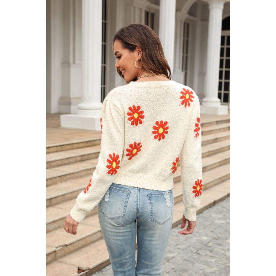 Flower Pattern Round Neck Short Sleeve Pullover Sweater