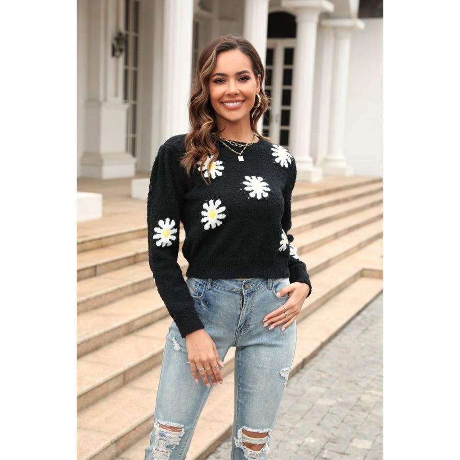 Flower Pattern Round Neck Short Sleeve Pullover Sweater