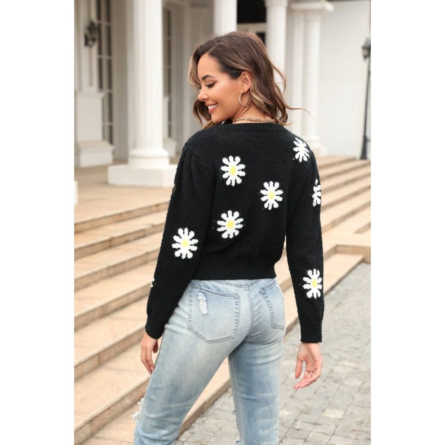 Flower Pattern Round Neck Short Sleeve Pullover Sweater