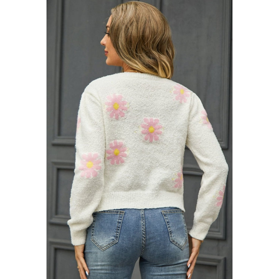 Flower Pattern Round Neck Short Sleeve Pullover Sweater