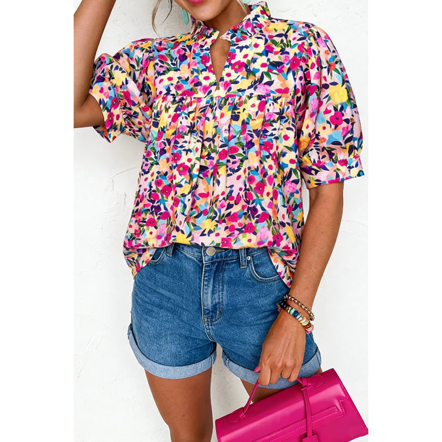 Flower Print Frilled Collar Short Puff Sleeve Summer Blouse Apparel and Accessories