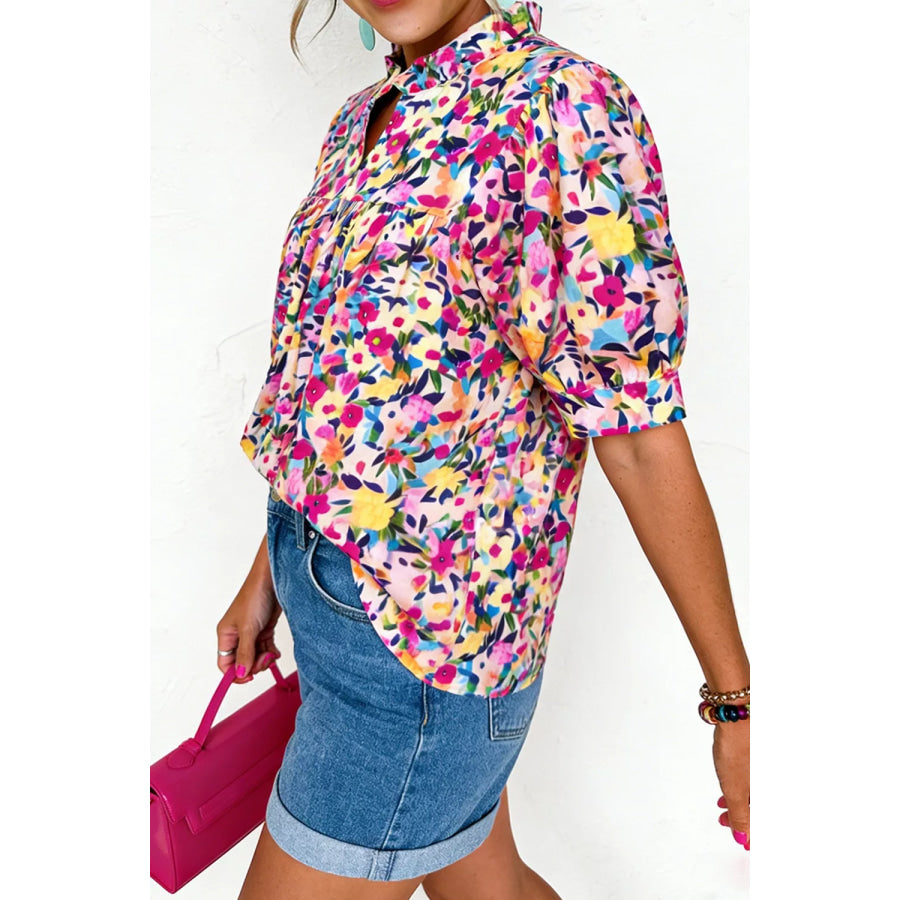 Flower Print Frilled Collar Short Puff Sleeve Summer Blouse Apparel and Accessories
