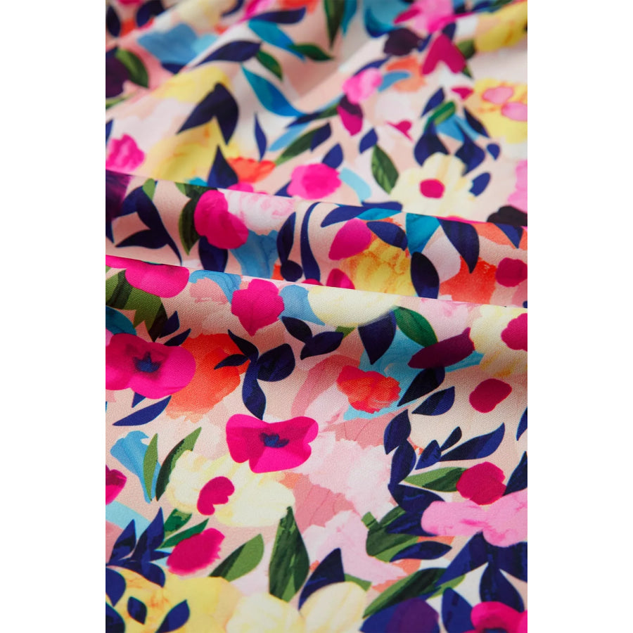 Flower Print Frilled Collar Short Puff Sleeve Summer Blouse Apparel and Accessories