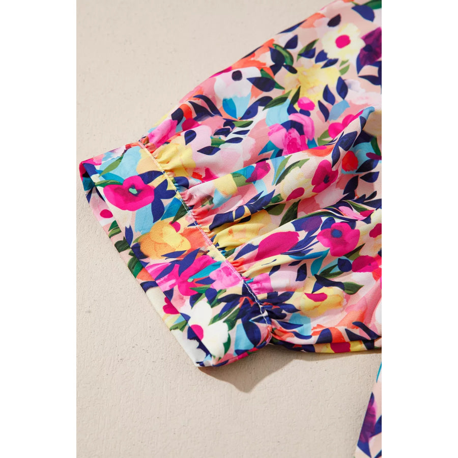 Flower Print Frilled Collar Short Puff Sleeve Summer Blouse Apparel and Accessories