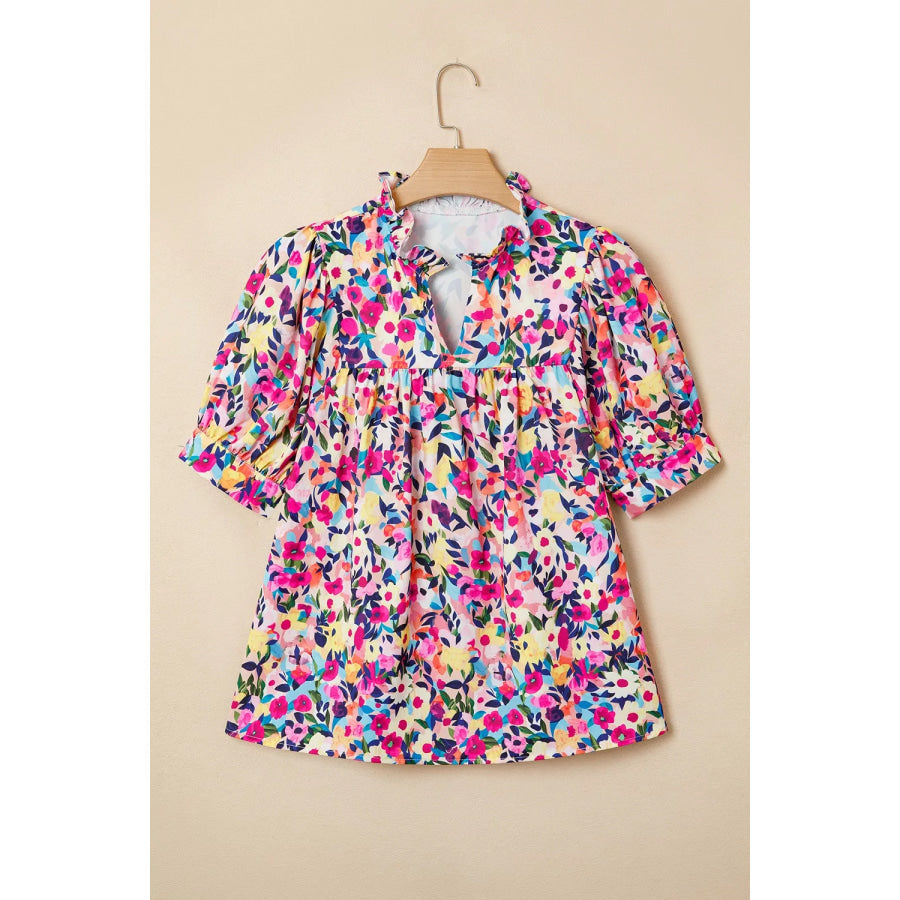 Flower Print Frilled Collar Short Puff Sleeve Summer Blouse Apparel and Accessories