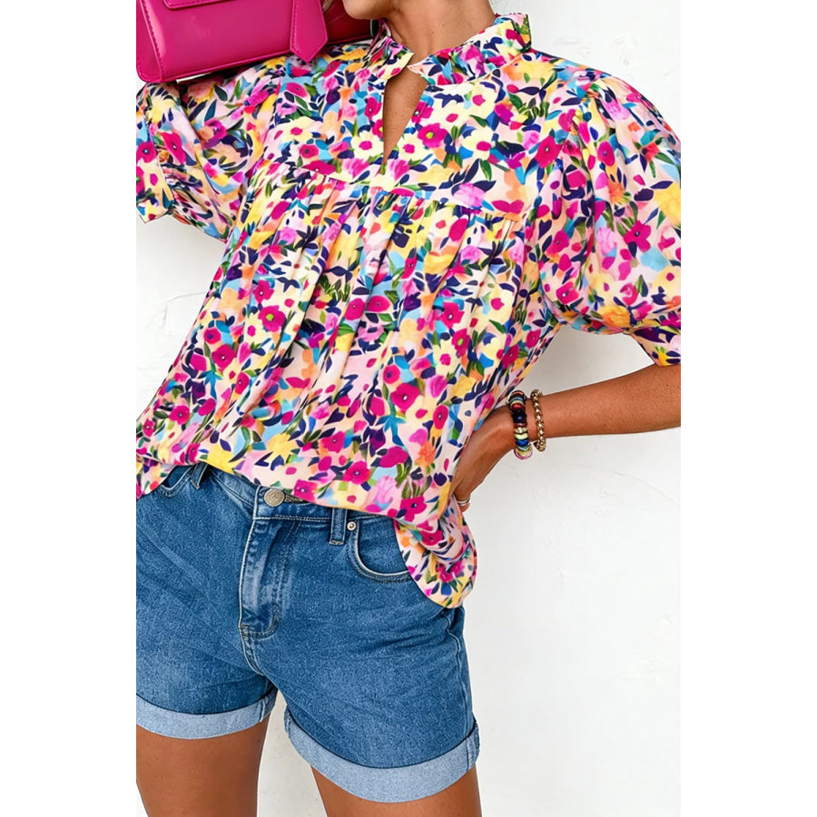Flower Print Frilled Collar Short Puff Sleeve Summer Blouse Apparel and Accessories