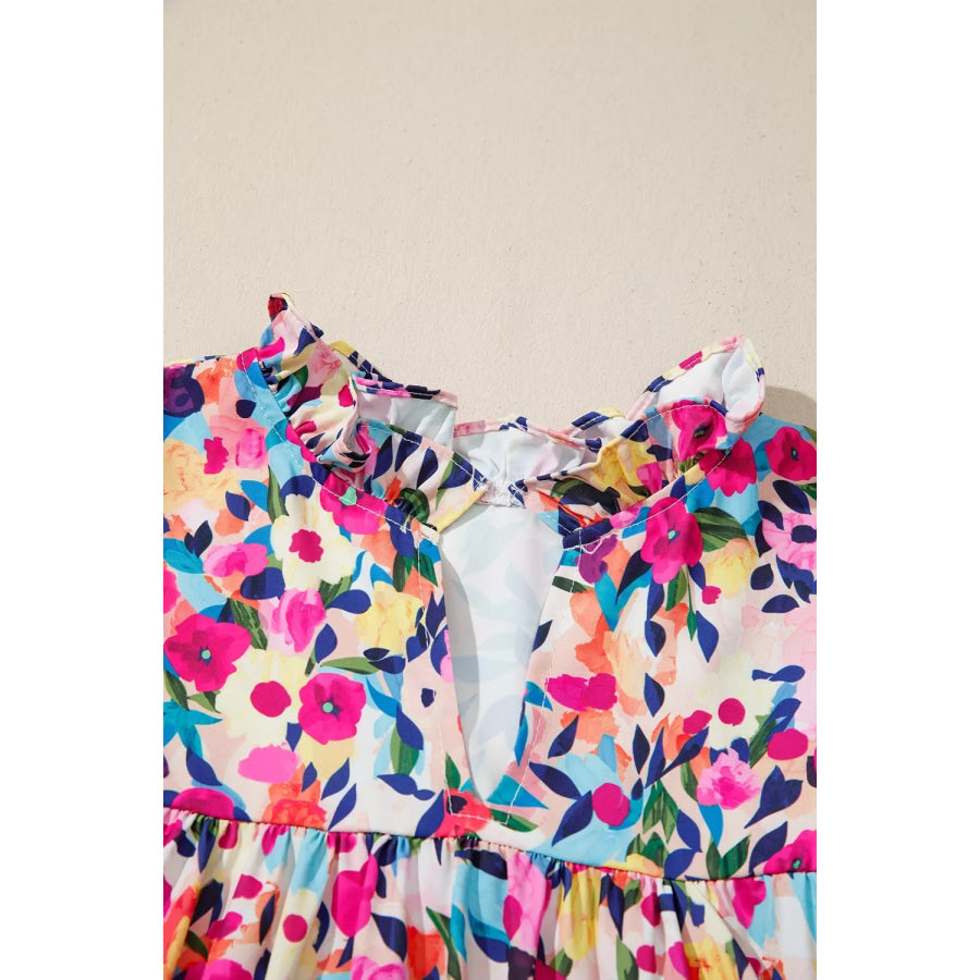 Flower Print Frilled Collar Short Puff Sleeve Summer Blouse Apparel and Accessories