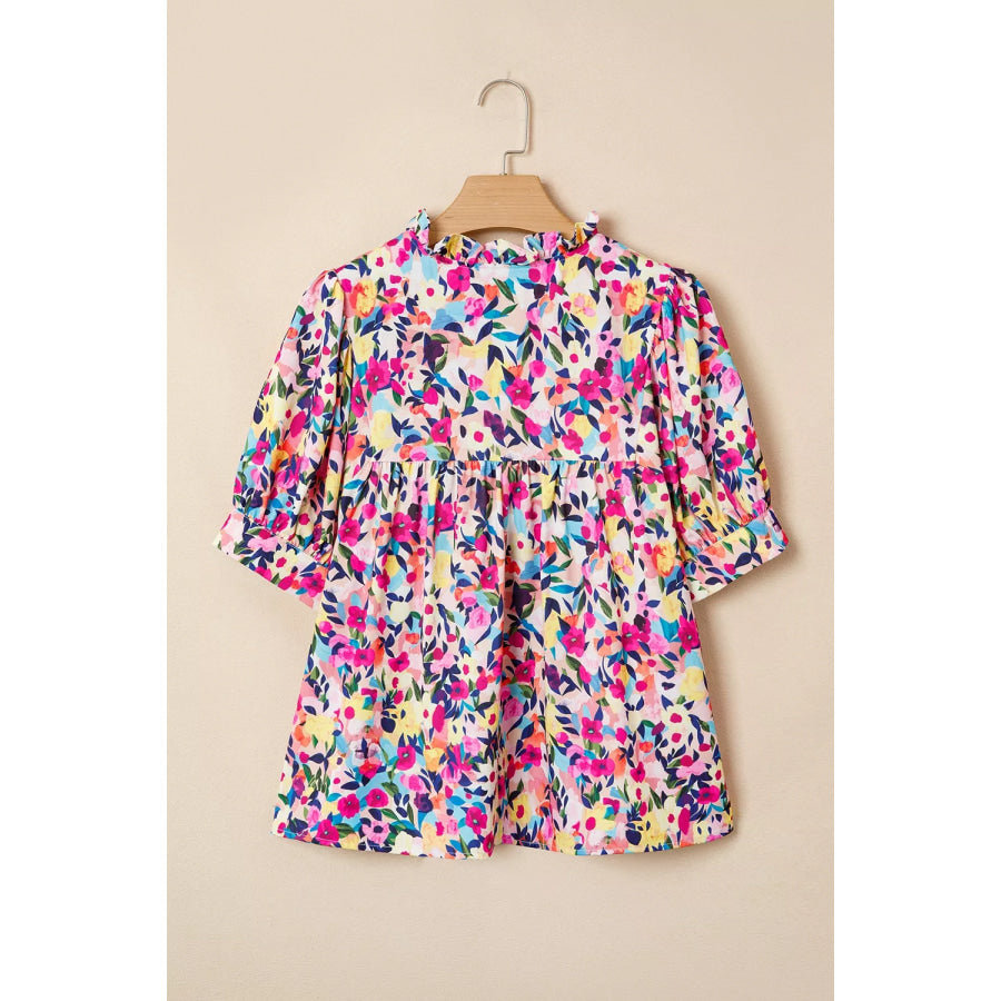 Flower Print Frilled Collar Short Puff Sleeve Summer Blouse Apparel and Accessories