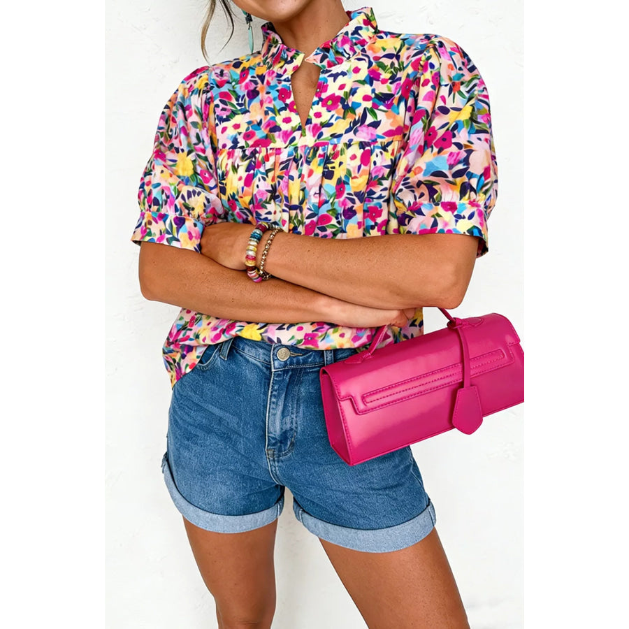Flower Print Frilled Collar Short Puff Sleeve Summer Blouse Floral / S Apparel and Accessories